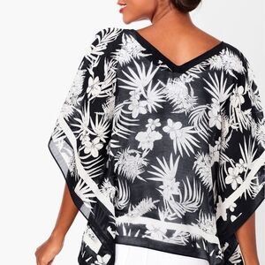 Talbots Women's Black & White V-Neck Botanical Cotton-Silk Blend Poncho M